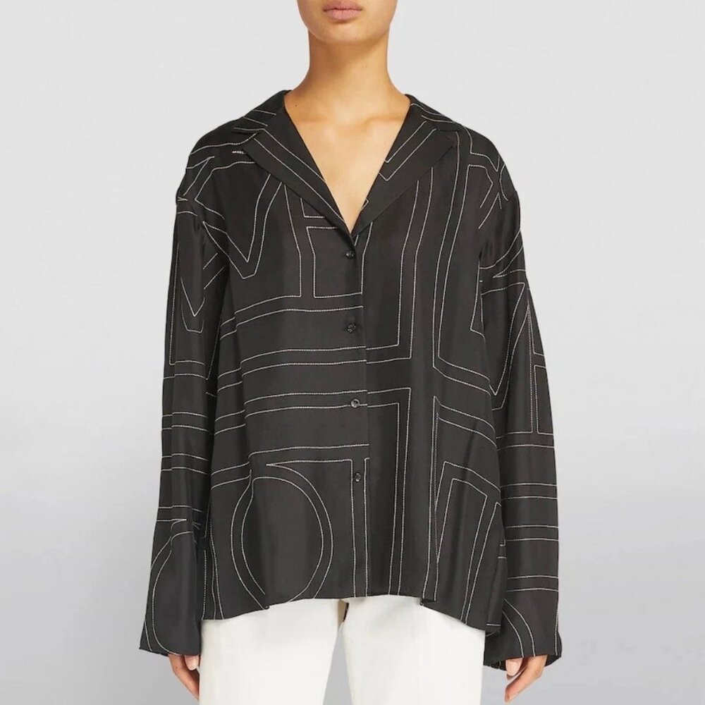 Toteme Silk Monogram Embroidered PJ Top in BLack sz 36 NEW